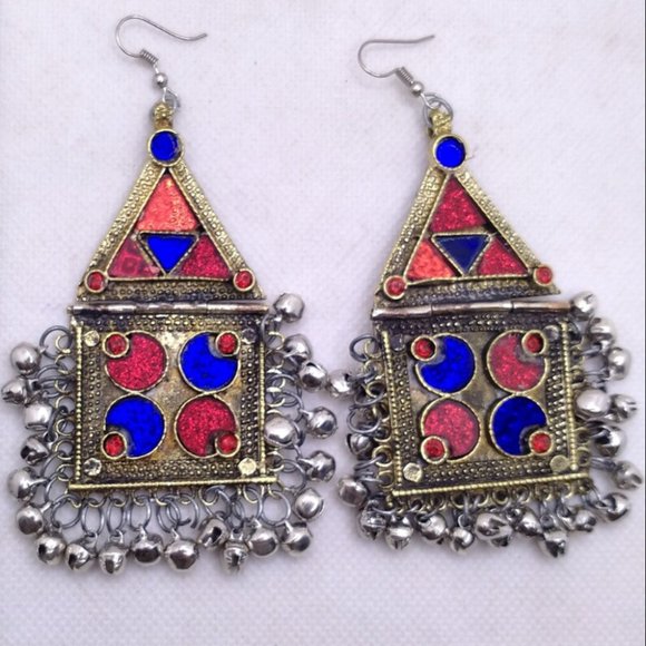 Tribal Dangle Earrings With Bells, Kuchi Vintage Massive Red and Blue GlassStone - Picture 1 of 6